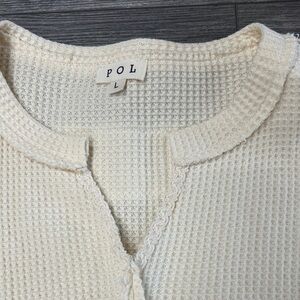 POL Cream Waffle-Knit Scoop Neck Sweater with Scalloped Trim